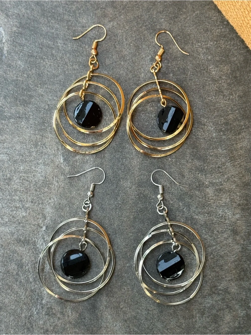 Gold and Silver Hoop Dangle Earrings with Black Stone